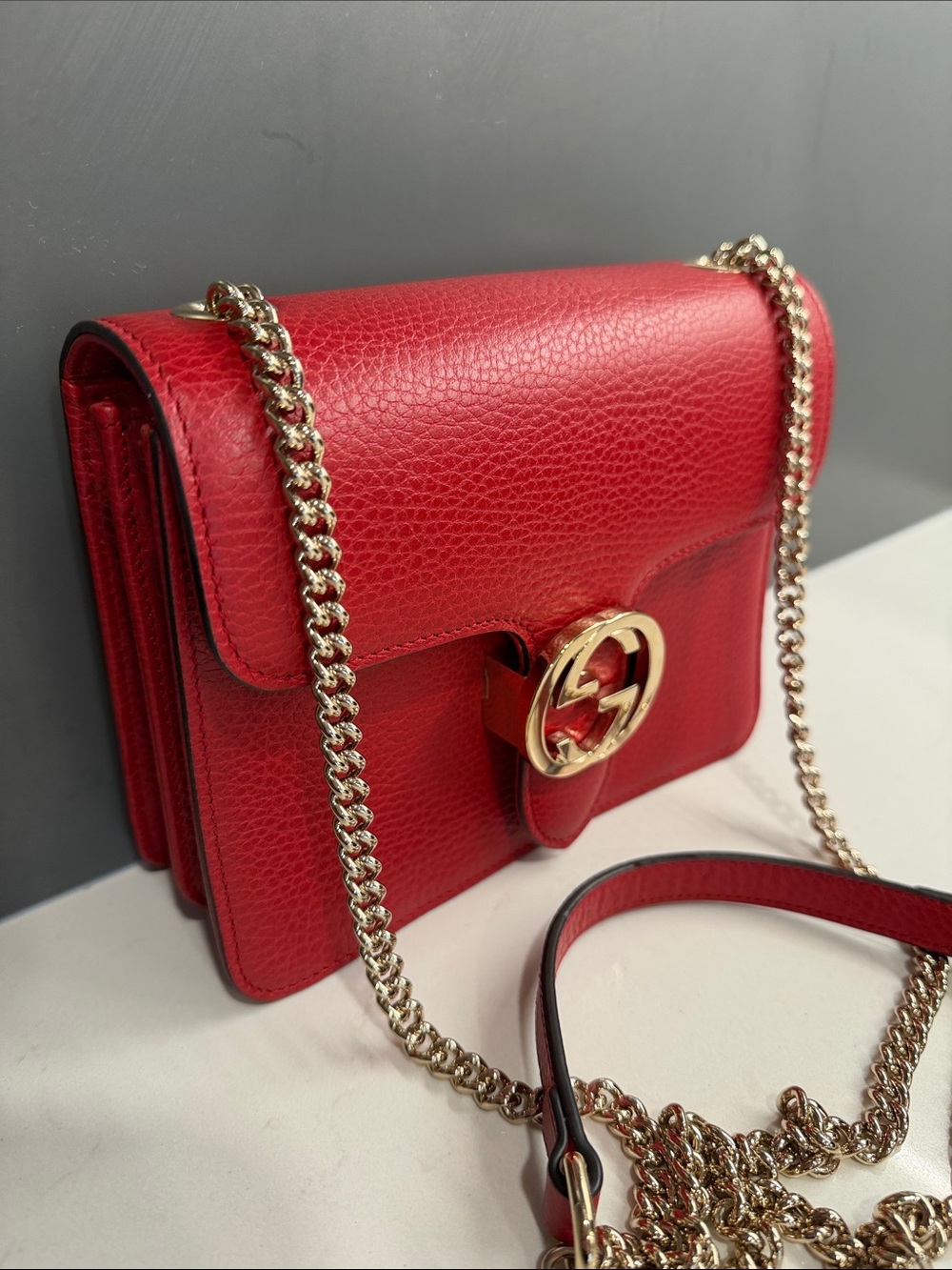 Gucci Interlocking GG Red Leather GG Chain Crossbody Bag with COA